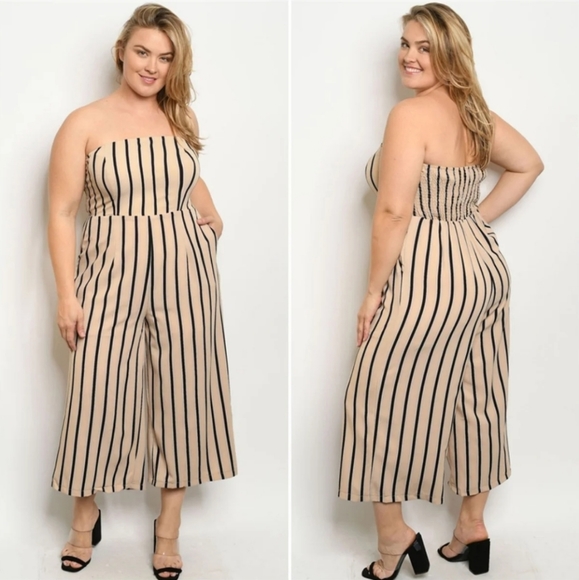 NEW Strapless Wide leg Tube Top Jumpsuit Plus Size Tan/Black